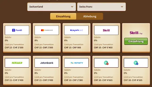 Einzahlungsmethoden in CHF für die Schweiz – gebührenfrei, Limits ab CHF 10 bis CHF 5'400. Einzahlungsmethoden in der Schweiz mit CHF – Optionen wie FunID, Mastercard, paysafecard, Skrill, Neteller, Jetonbank, MiFinity und Tether.