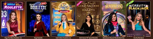 Mega Fire Blaze Roulette Live, Mega Roulette, Cash Collect Roulette Live, Gold Saloon VIP Speed Roulette, Adventures Beyond Wonderland Live, Gravity Blackjack. Auswahl an Live-Casino-Spielen mit professionellen Dealern, darunter Roulette- und Blackjack-Varianten, präsentiert in einem hochwertigen Interface.