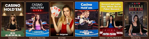 Auswahl an Casino Hold'em und Pokervarianten mit Live-Dealern auf der Plattform. Casino Hold'em Spieleübersicht mit weiblichen und männlichen Dealern an den Tischen.