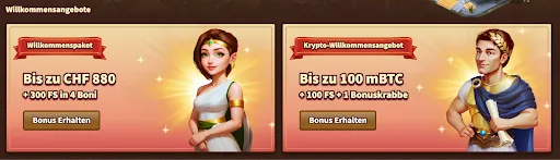Willkommenspaket bis zu CHF 880 oder Krypto-Willkommensangebot bis zu 100 mBTC mit Bonuskrabbe. Zwei Willkommensangebote auf Deutsch – klassisches Paket mit bis zu CHF 880 und 300 Freispielen sowie Krypto-Bonus bis zu 100 mBTC und 100 Freispiele, jeweils mit Bonus-Knopf.